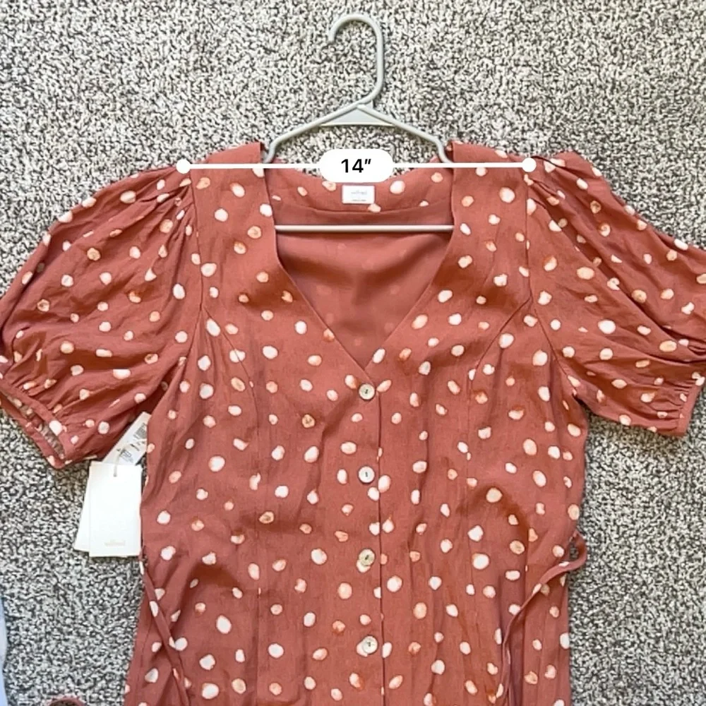 Wilfred Aritzia Libretto Dress – Rust Polka Dot Tie-Front Midi – Size Large - Picture 10 of 12